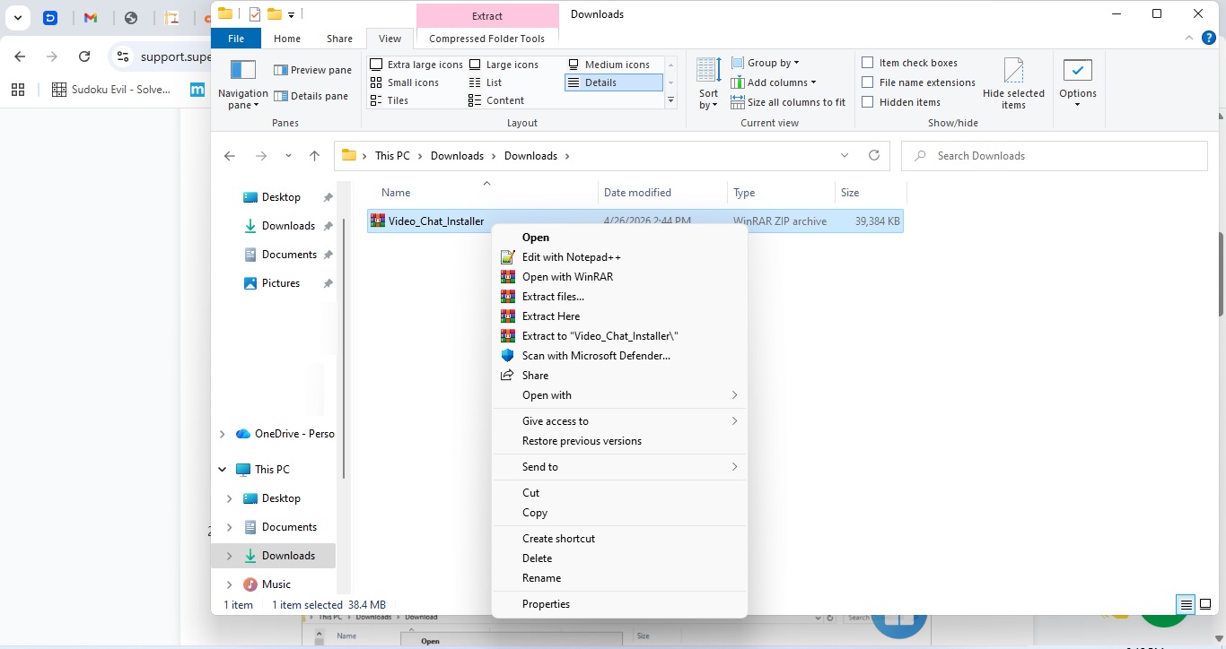 Download folder showing the remote support file